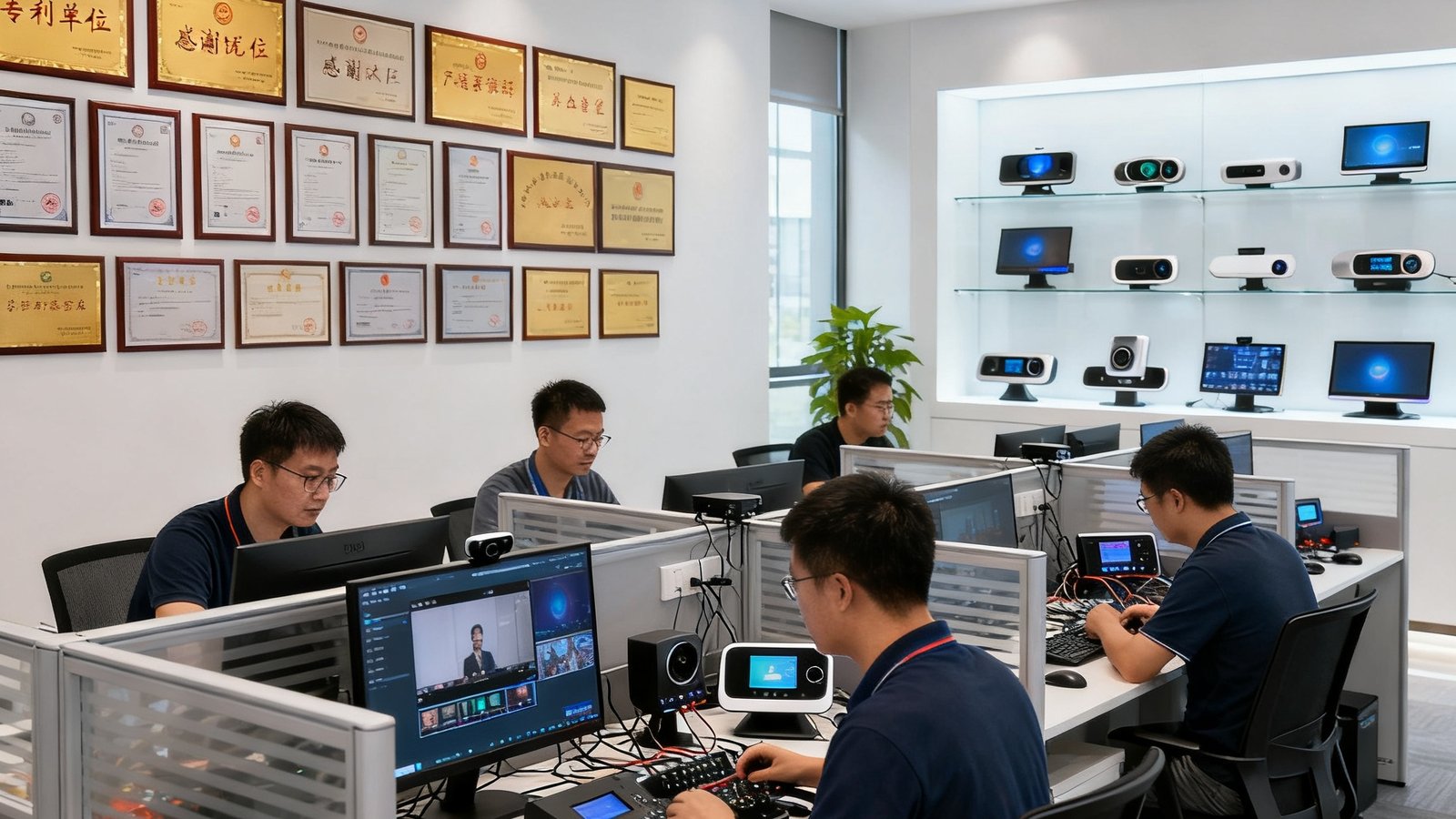 EVO视讯平台深圳总部办公区实景，开放式工位上工程师们正在调试视讯设备，墙面上挂满专利证书和客户感谢牌匾，展示厅内陈列着历代视讯终端产品