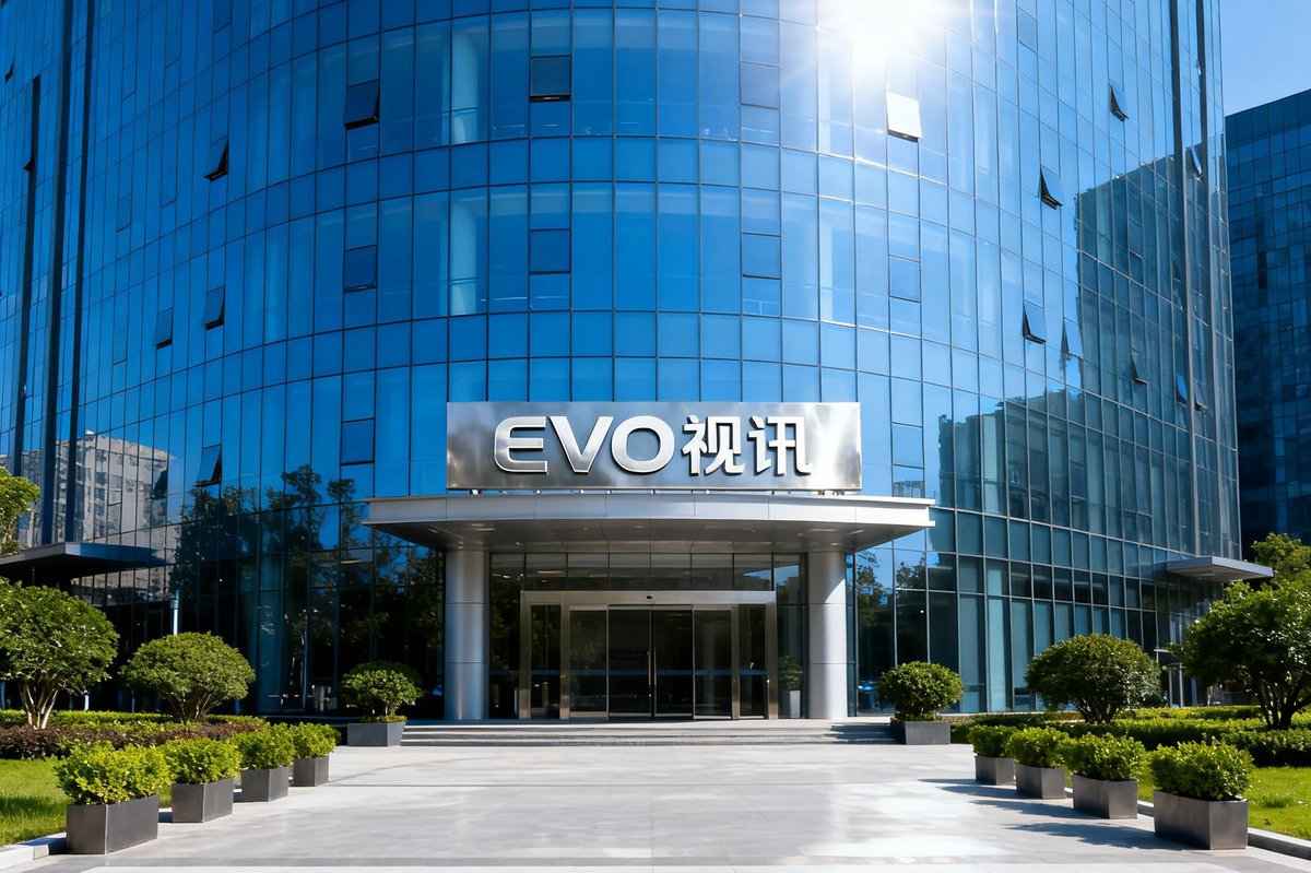 EVO视讯平台深圳总部所在的创新大厦外观，现代玻璃幕墙建筑在阳光下熠熠生辉，楼前广场绿化整洁，入口处可见公司标识牌