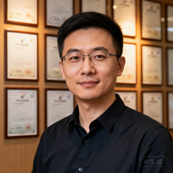 EVO视讯平台创始人兼CEO周振宇的半身肖像照，他身着深色衬衫，背景为公司专利墙，表情专注而自信