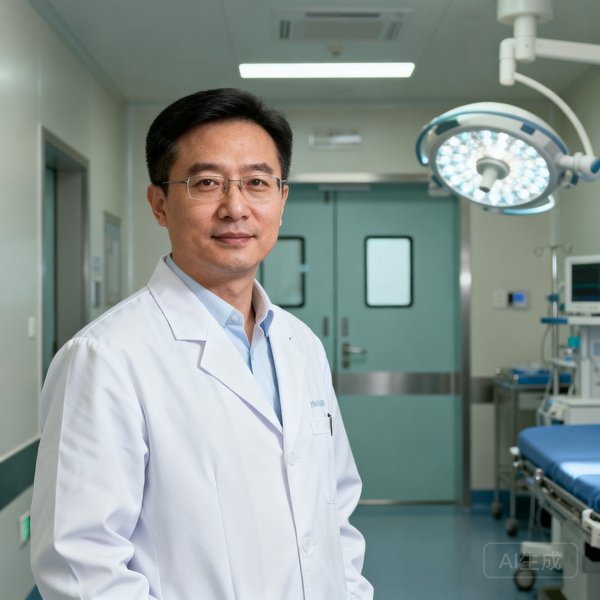 EVO视讯平台医疗事业部总监陈启明的半身肖像照，他身穿白大褂站在手术室走廊，体现医疗行业背景