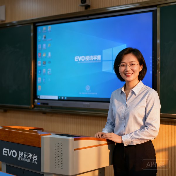 EVO视讯平台教育事业部总监赵敏的半身肖像照，她面带微笑站在智慧教室讲台旁，身后是互动大屏